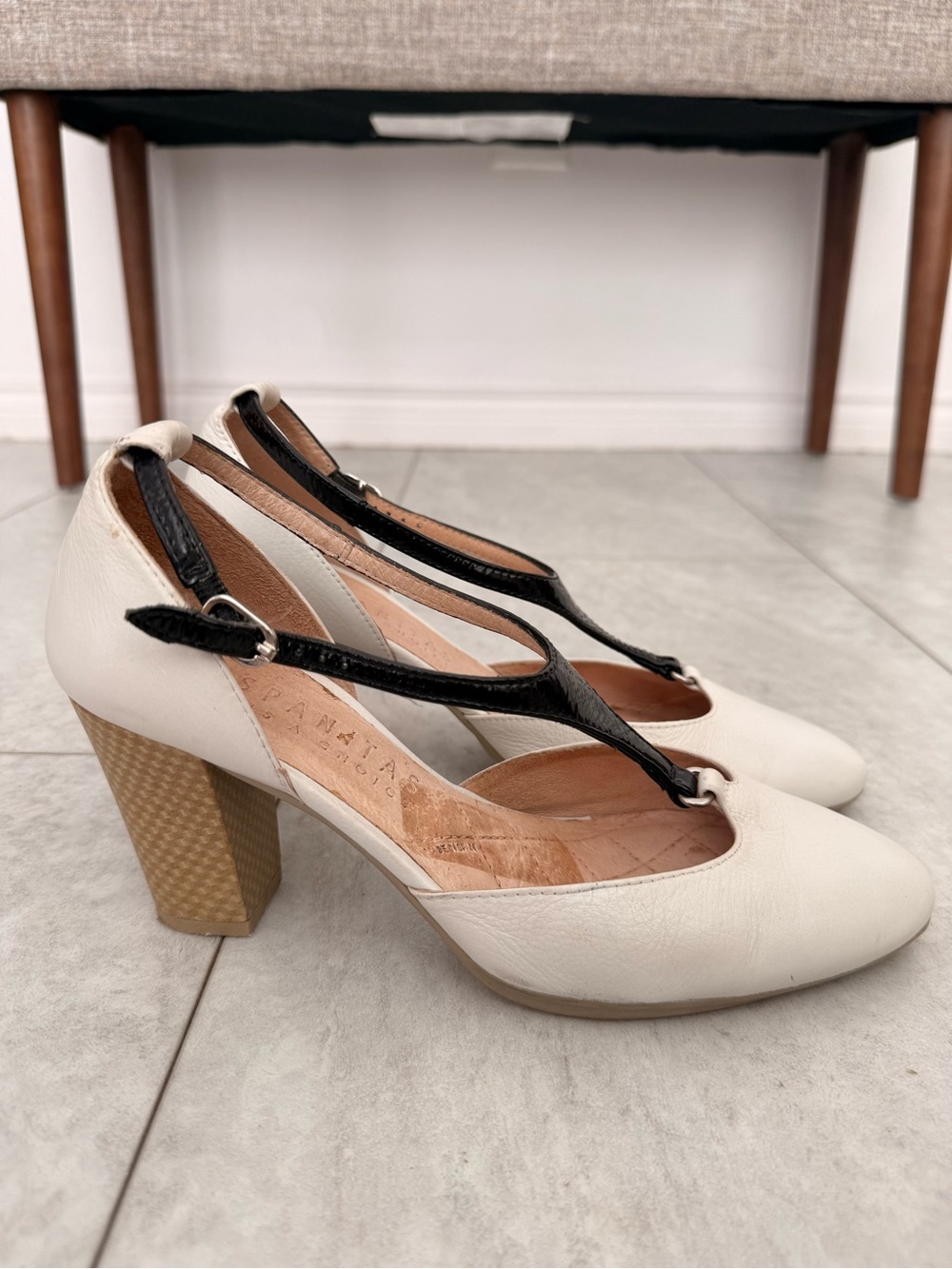 T-Strap Heels in Cream and Black — Classic Women's Dress Shoes - Picture 3 of 6